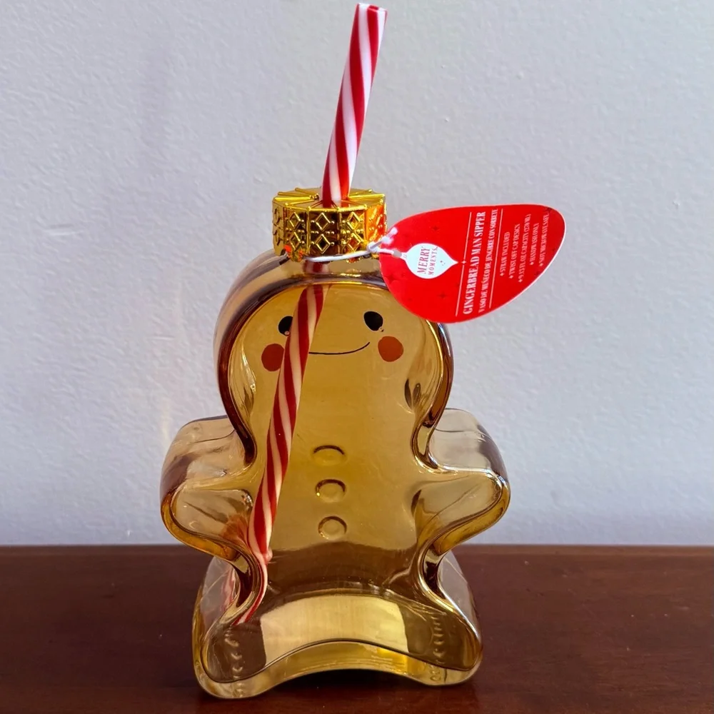 Aldi Viral Holiday Ornament Brown Glass Gingerbread Man Sipper w/ Straw, New